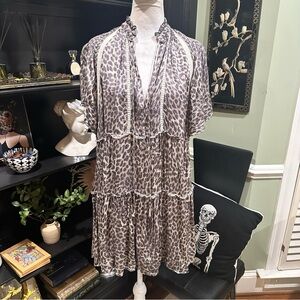 Karlie Leopard Print Boho Midi Dress Long Sleeve Ruffle Hem | Size L